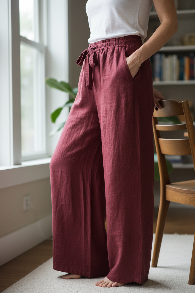 Candid burgundy linen pants lifestyle photo