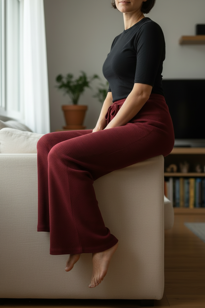 Candid home lifestyle image of wine-red knit wide-leg pants