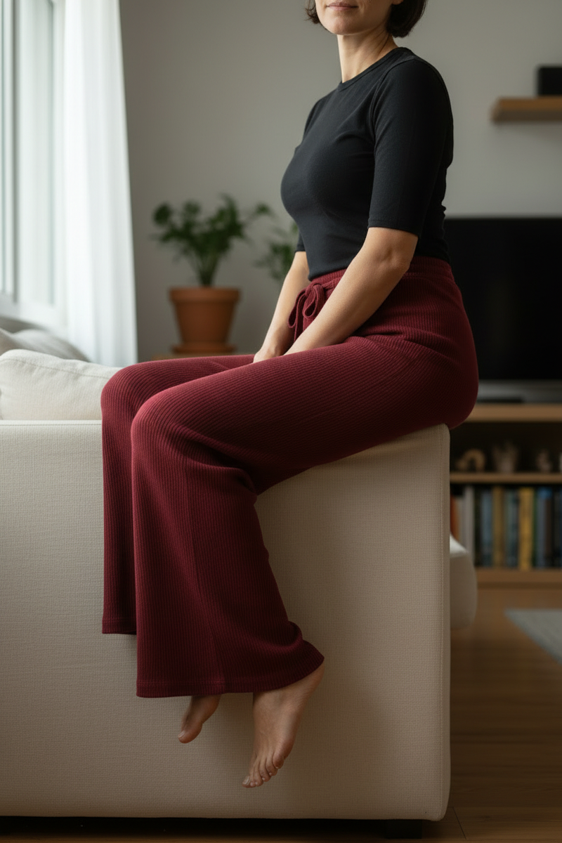 Candid home lifestyle image of wine-red knit wide-leg pants