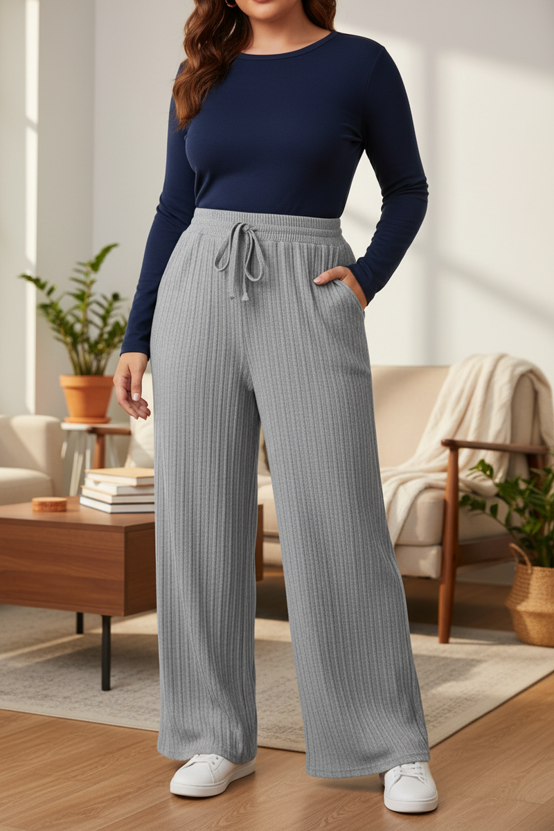 Candid lifestyle image of the heather-grey knit pants
