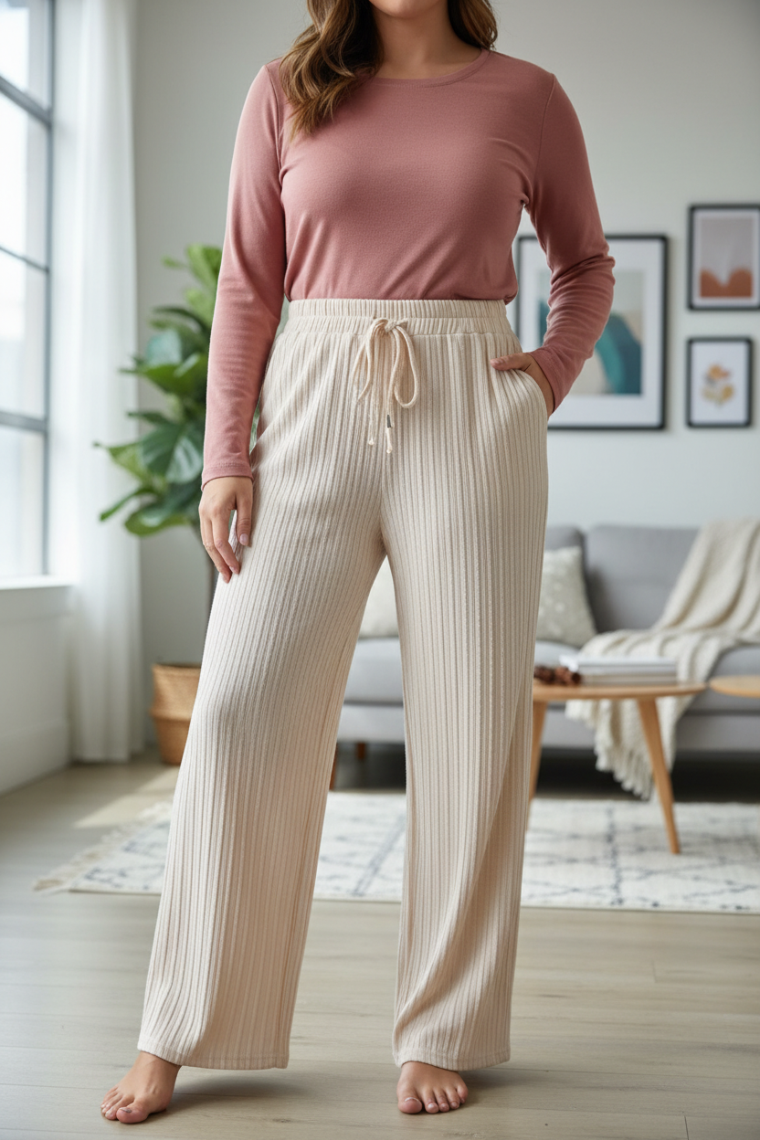 Candid plus-size lifestyle image of the cream knit pants