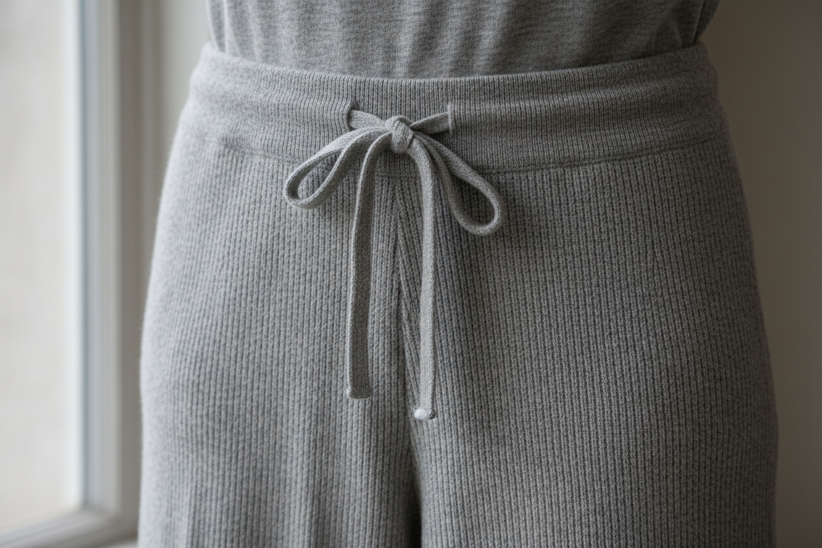 Close-up waistband detail of heather-grey sweater-knit pants