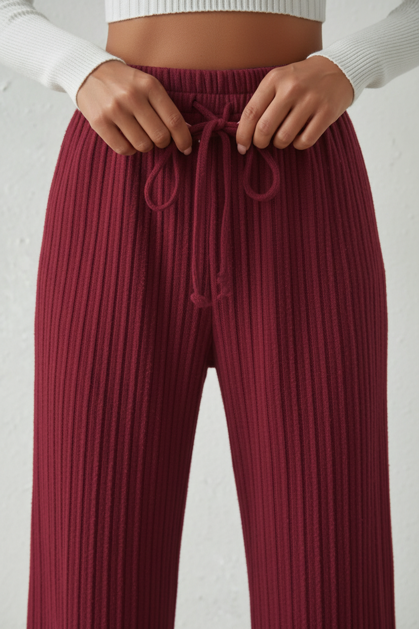 Close-up wine-red knit waistband and drawstring