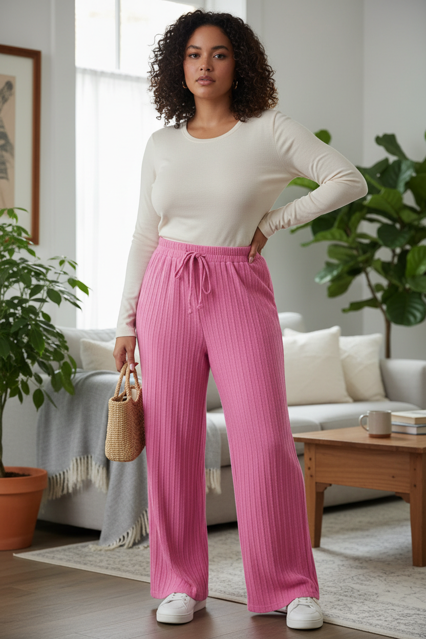 Curvier woman in pink knit wide-leg pants, candid indoor