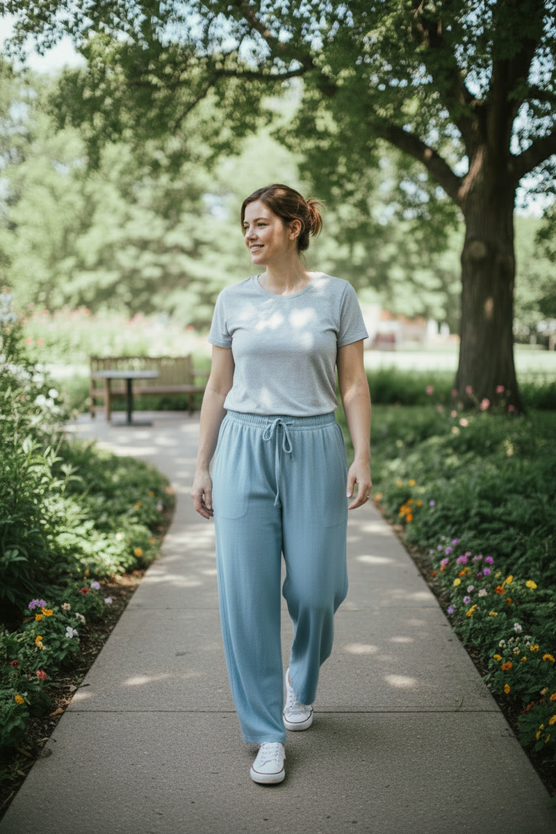 Outdoor Sky Blue pants lifestyle image with white canvas sneakers