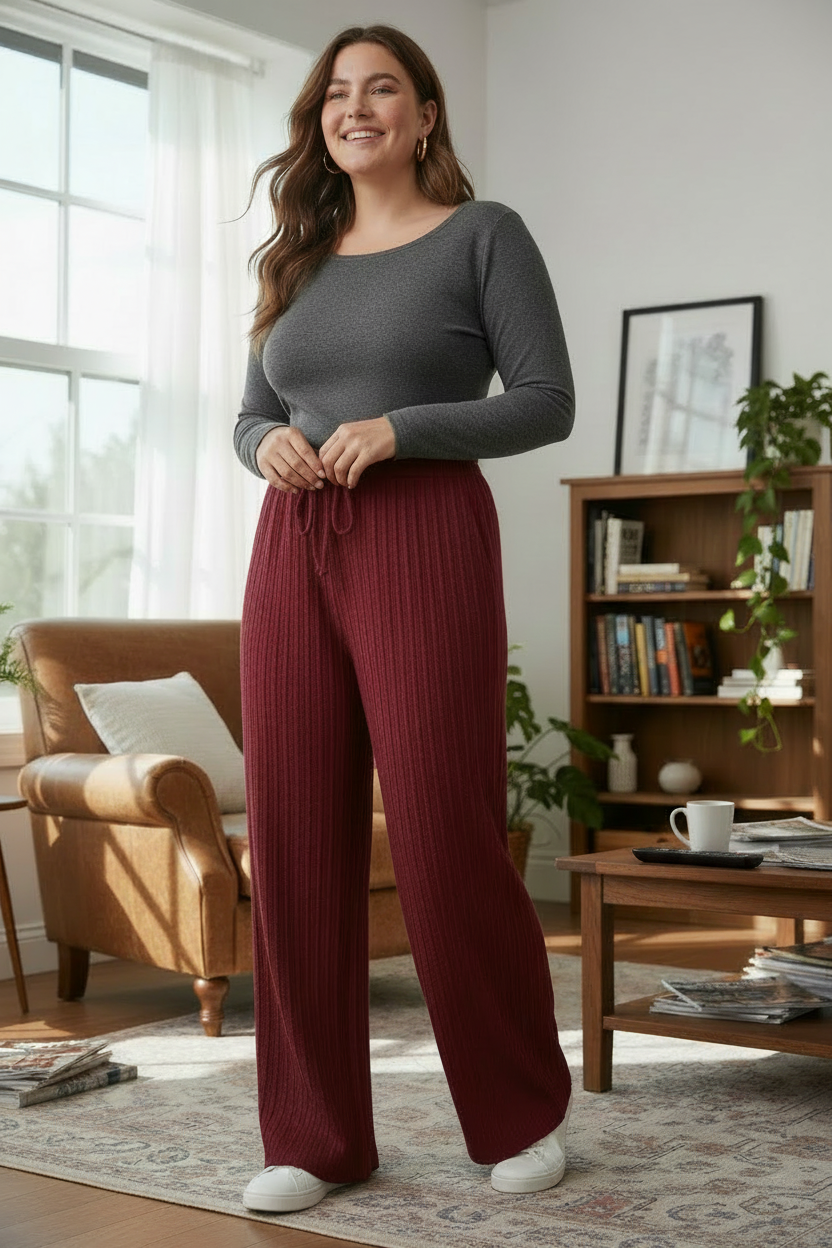 Realistic candid home photo of the wine-red knit pants